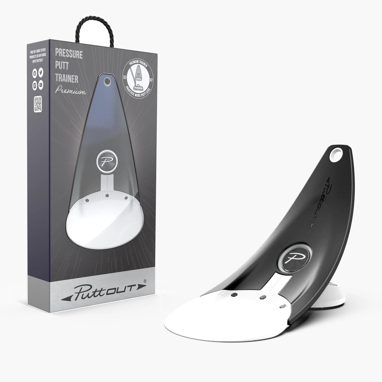 A black-and-white PuttOUT Premium Pressure Putt Trainer beside its retail box.